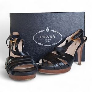 Prada Women's Vitello Black Strappy Heels